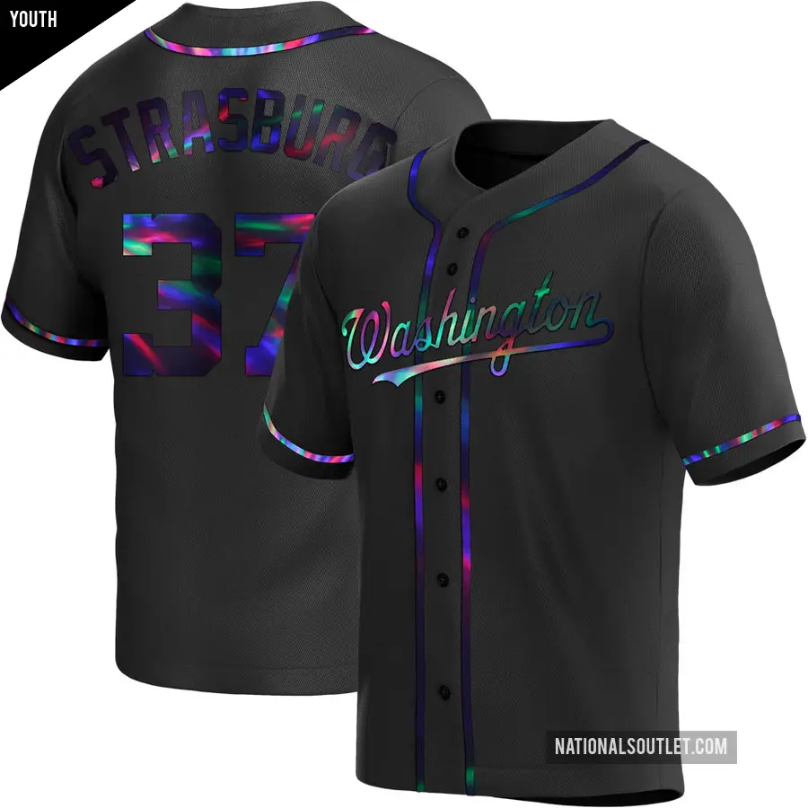 Youth Washington Nationals ＃37 Stephen Strasburg Replica Black Holographic Alternate Jersey